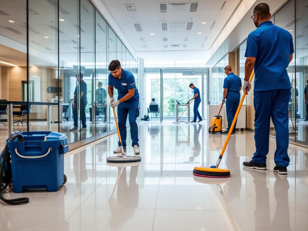 Professional cleaning crew polishing the floor of a corporate lobby