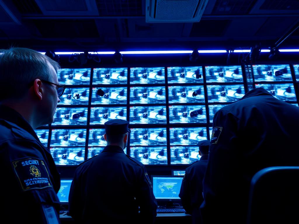 Security officers monitoring CCTV screens in a control room
